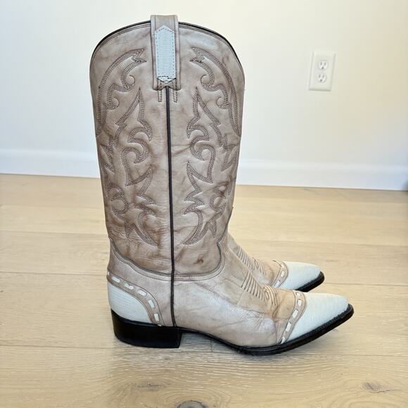 VTG Rudel Cowboy Boots Men's 8.5 EE 2 Tone Cream Pointed Toe Western - Picture 4 of 8